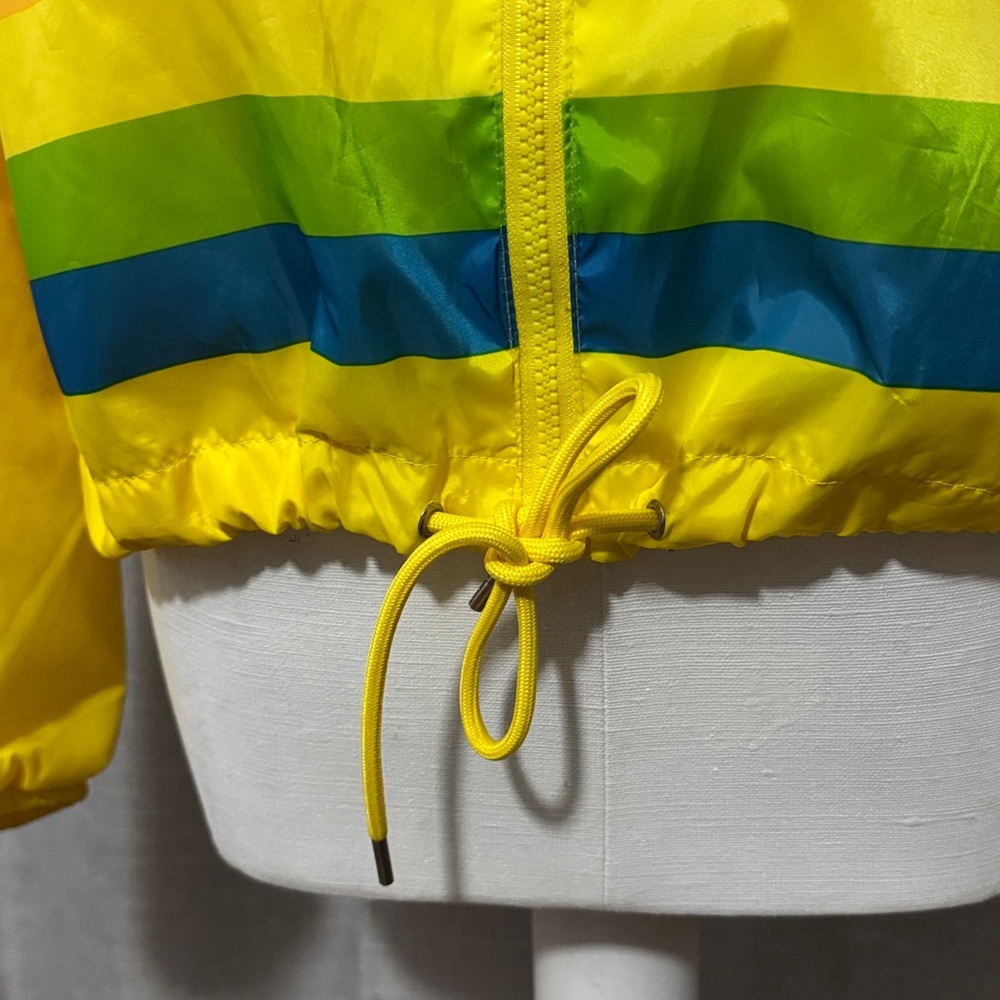 Wmns-L-Polaroid Windbreaker-Yellow Multi Color Stripe-Pockets-Drawstring Waist - Picture 3 of 15